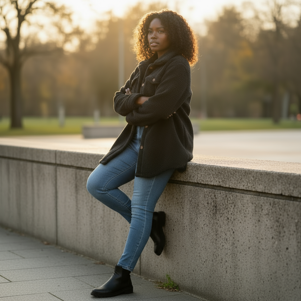 Woman sitting on a concrete wall in an urban setting with trees in the background