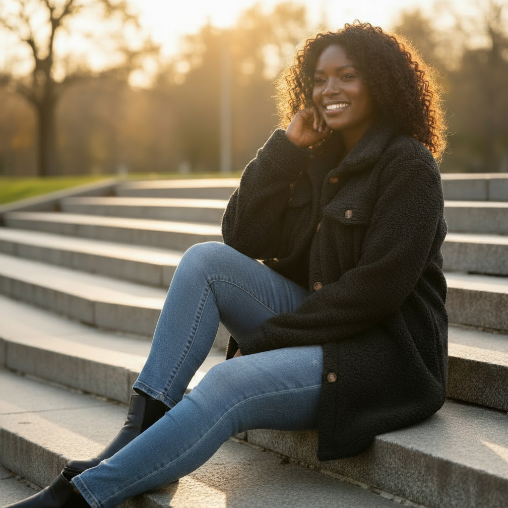 Woman sitting on steps outdoors during sunset
