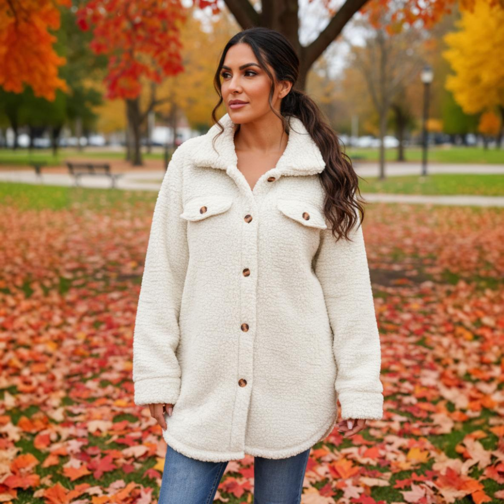 Woman wearing a white coat standing in an autumn park with colorful leaves on the ground.