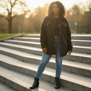 Woman standing on stone steps outdoors with a blurred natural background