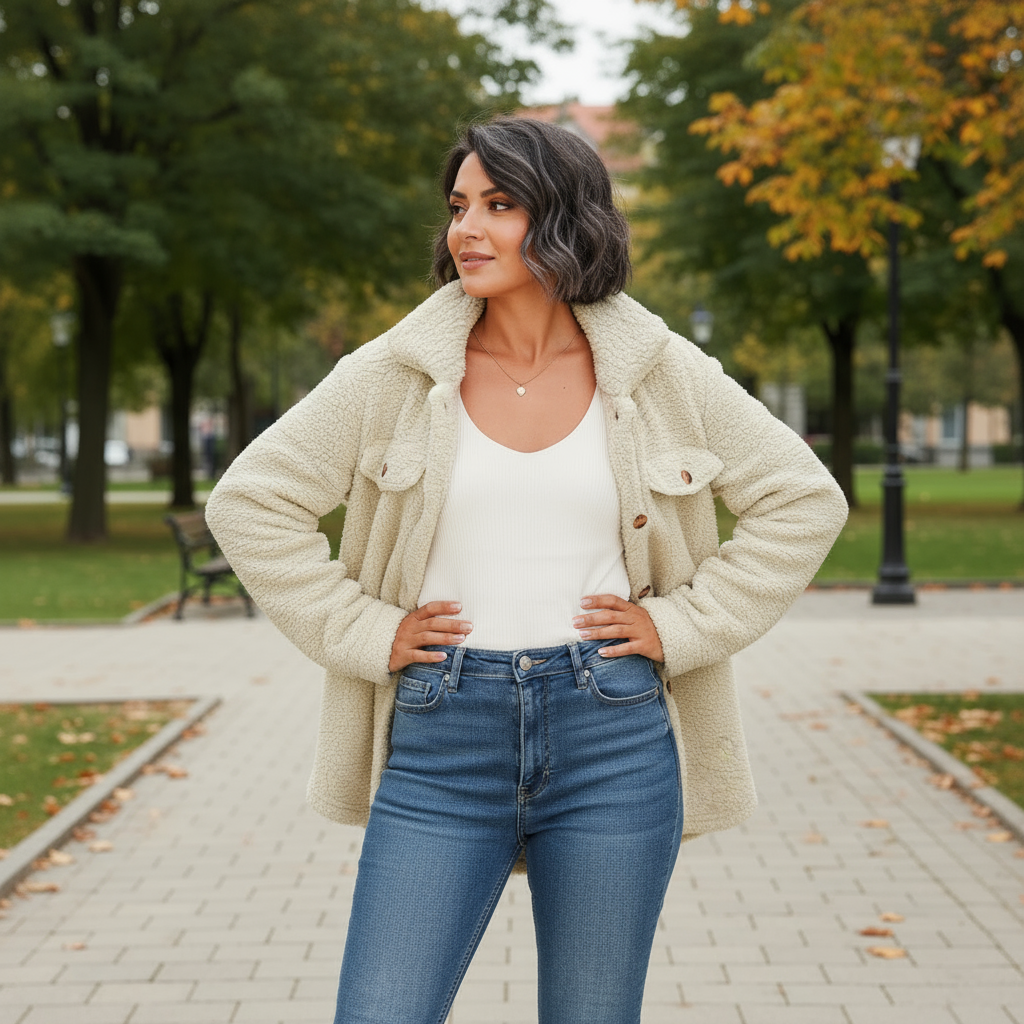 Woman wearing a beige coat, white shirt, and blue jeans standing in a park.