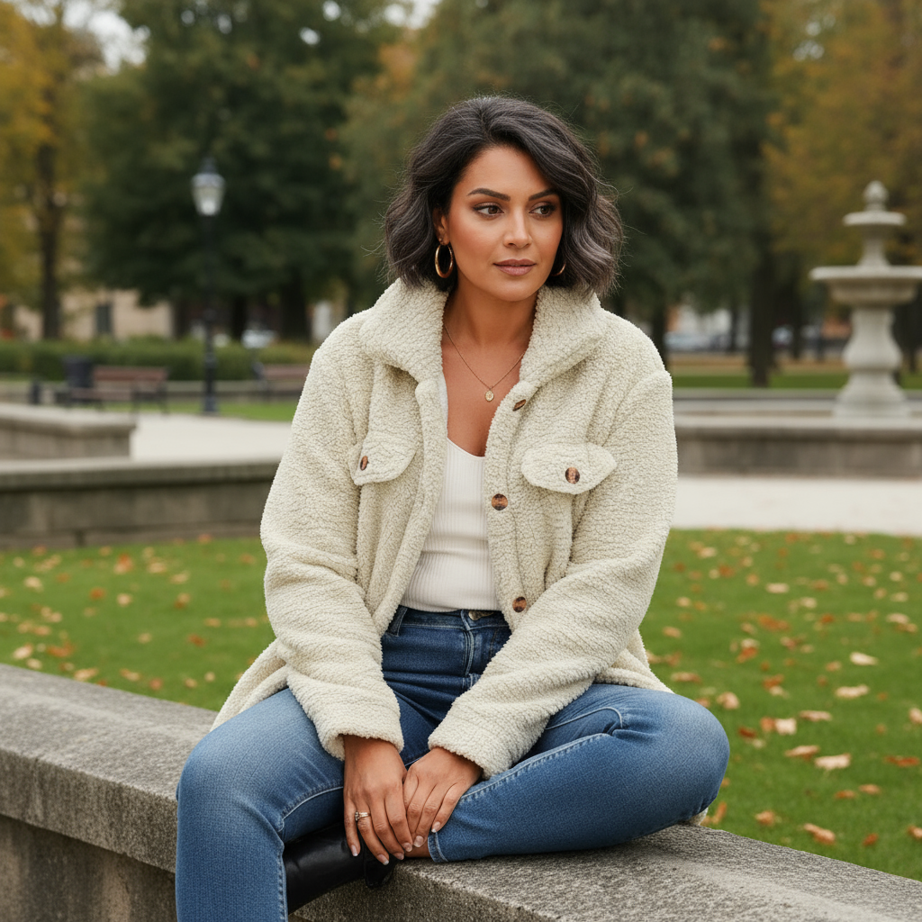 Woman sitting on a stone bench in a park with trees and a fountain in the background