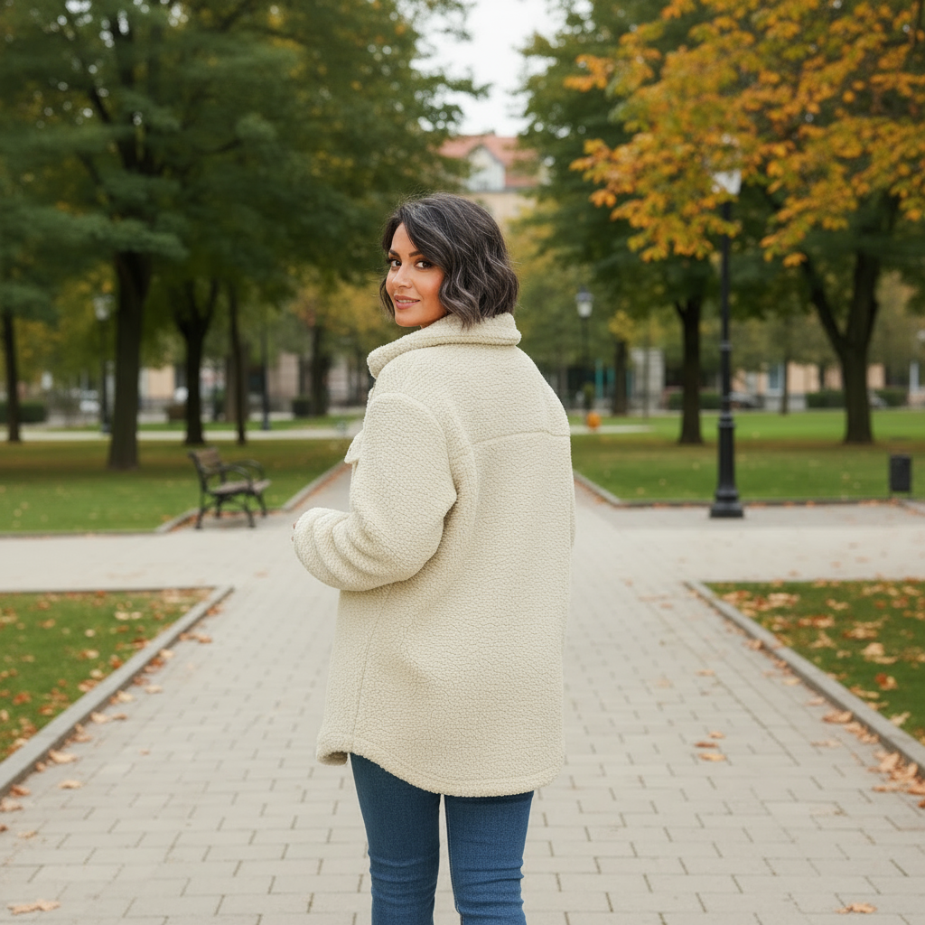 Woman in a beige coat standing on a path in a park with trees and benches in the background.