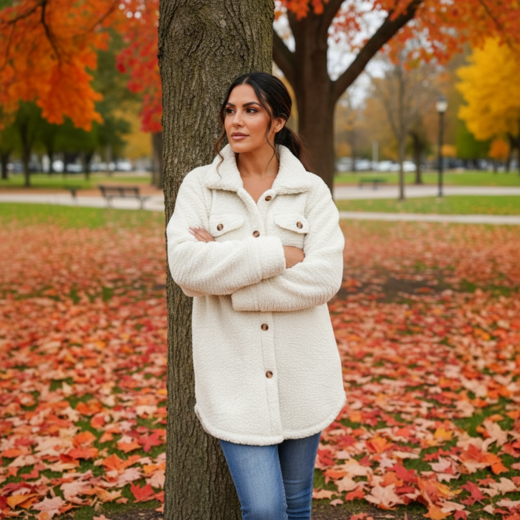 Woman in a white coat standing in an autumn park with colorful leaves on the ground.