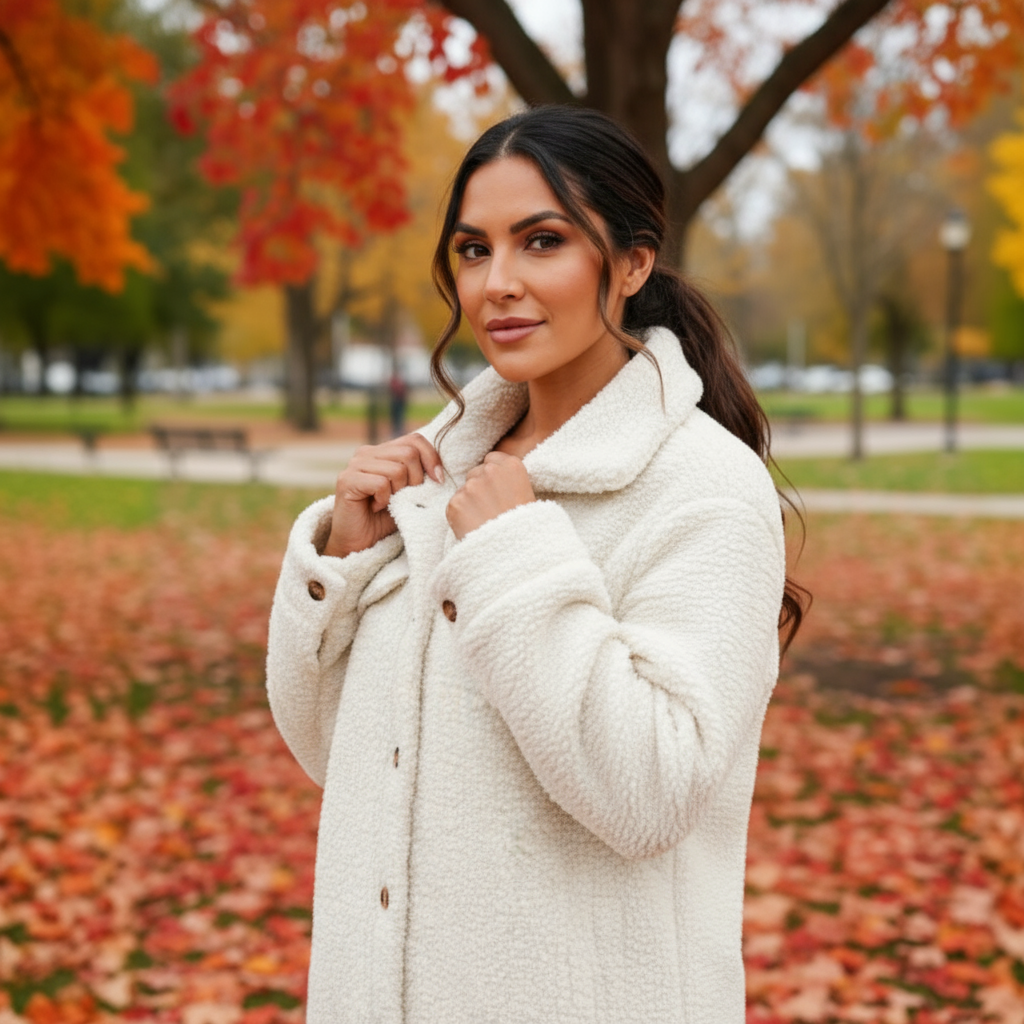 Woman in a white coat standing in an autumn park with colorful leaves.