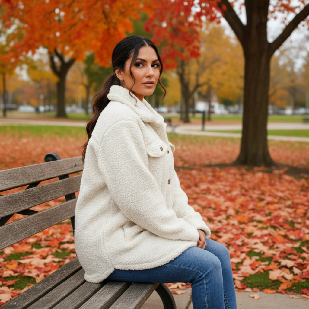 Woman in a white coat sitting on a bench in an autumn park.