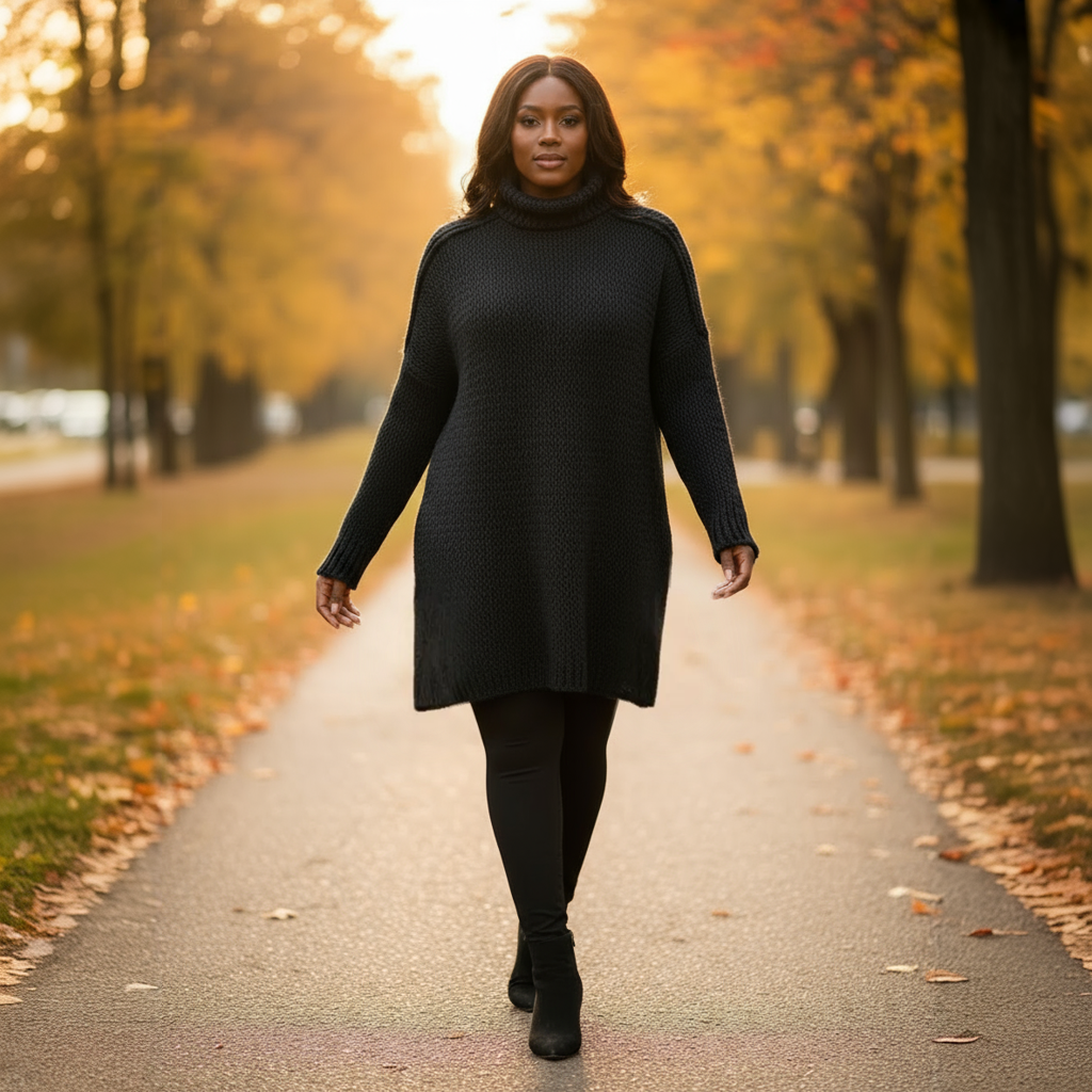 Woman in a black dress walking on a path with autumn trees in the background