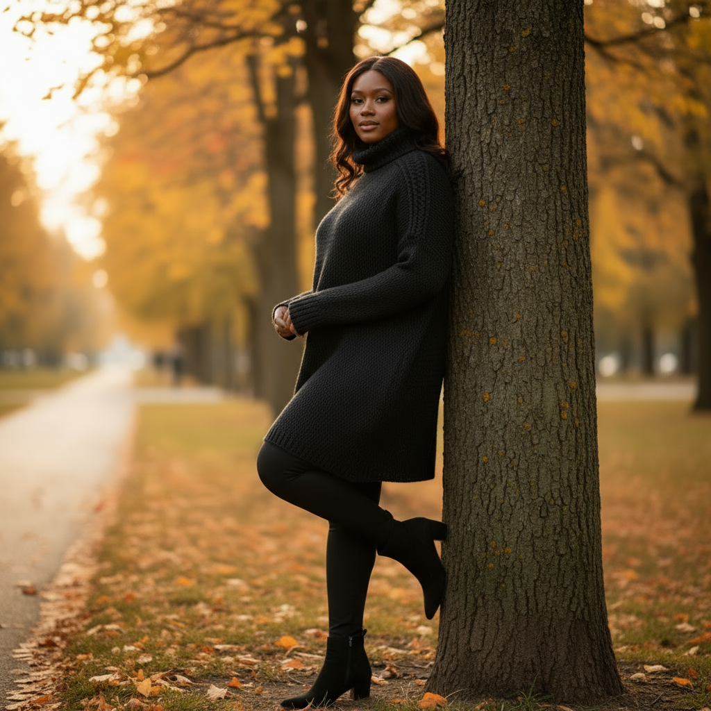 Woman in a black coat leaning against a tree in an autumn park.