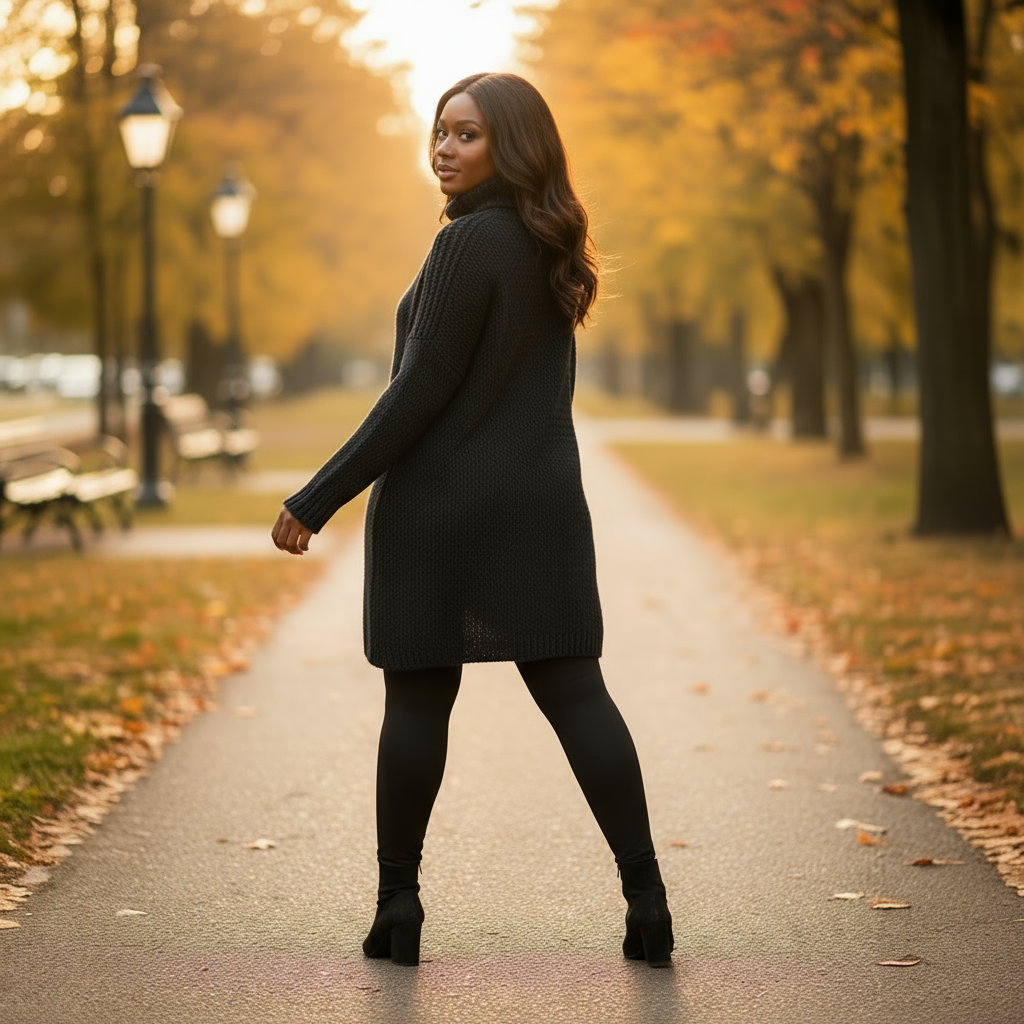 Woman in a black dress standing on a path in an autumn park