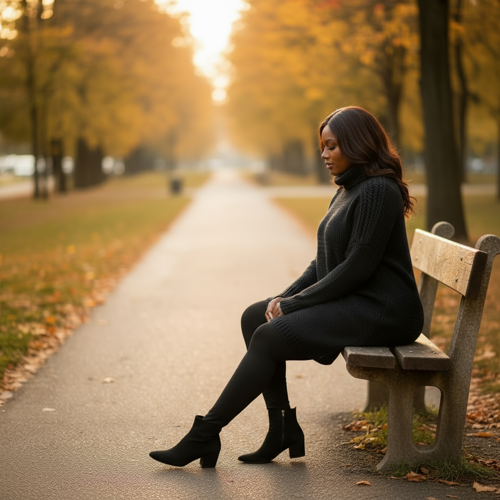 Woman sitting on a bench in a park during autumn.