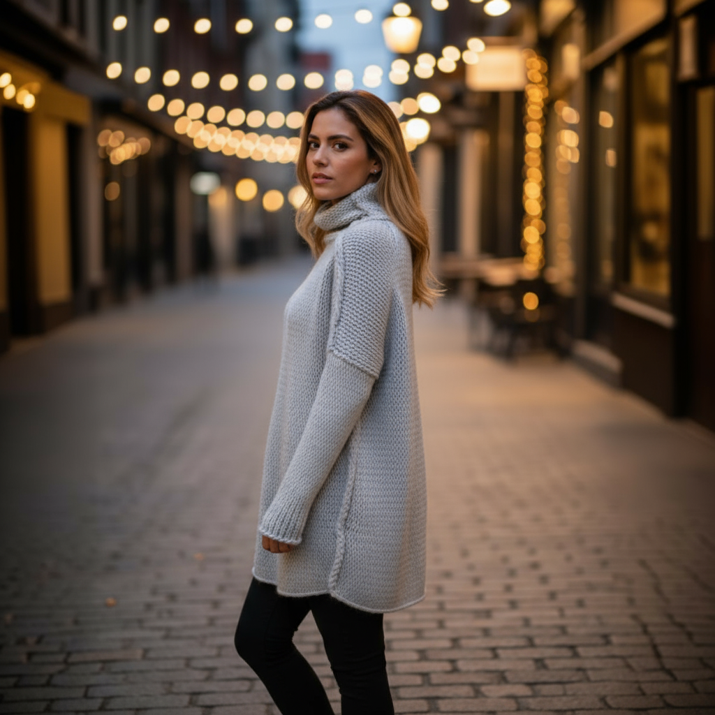 Woman in a long gray sweater standing on a street with blurred lights in the background