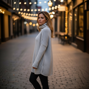 Woman in a long gray sweater standing on a street with blurred lights in the background