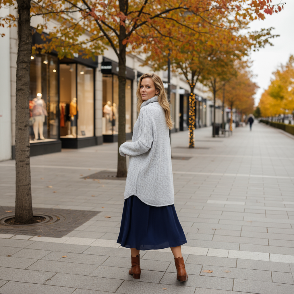 Woman in a gray coat and blue skirt standing on a city street with autumn trees.