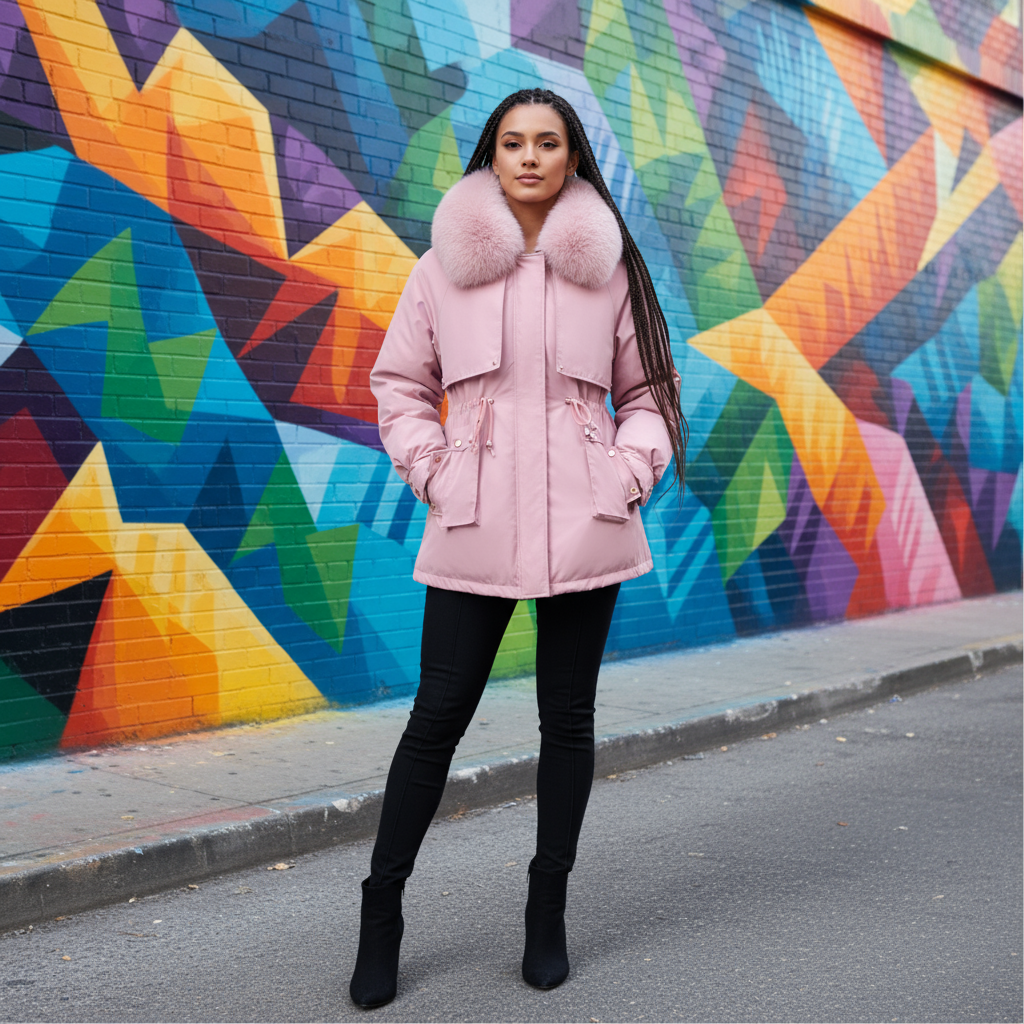 Woman in a pink coat standing in front of a colorful mural