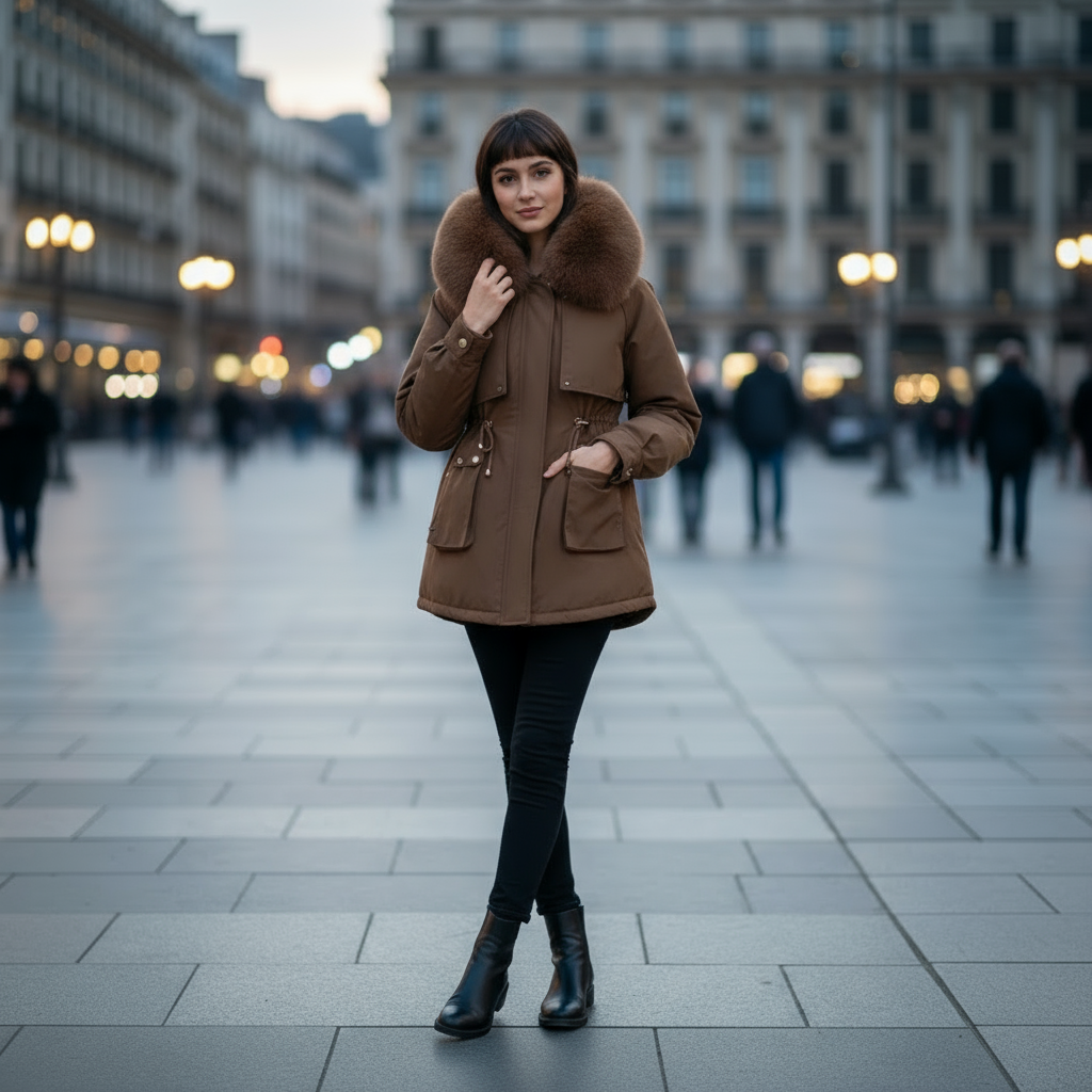 Woman wearing a brown coat with fur collar in an urban setting