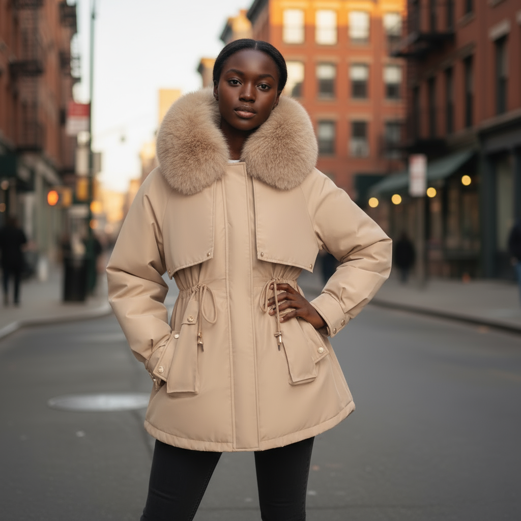Woman wearing a beige parka with fur collar on a city street