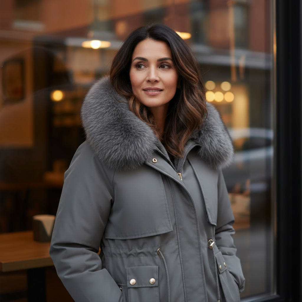 Woman wearing a gray coat with a fur-lined hood in an urban setting
