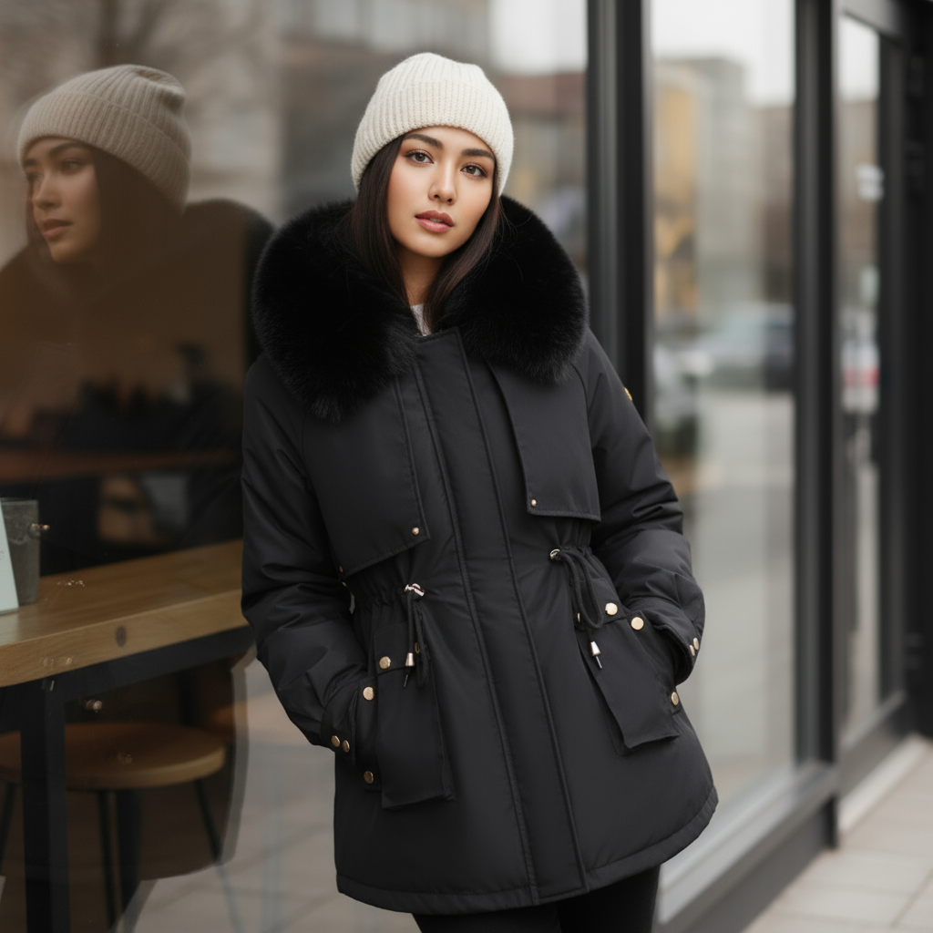 Woman wearing a black coat with fur hood and white beanie standing outside a building.
