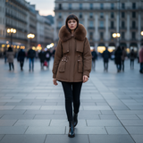 Woman wearing a brown coat with fur collar in an urban setting