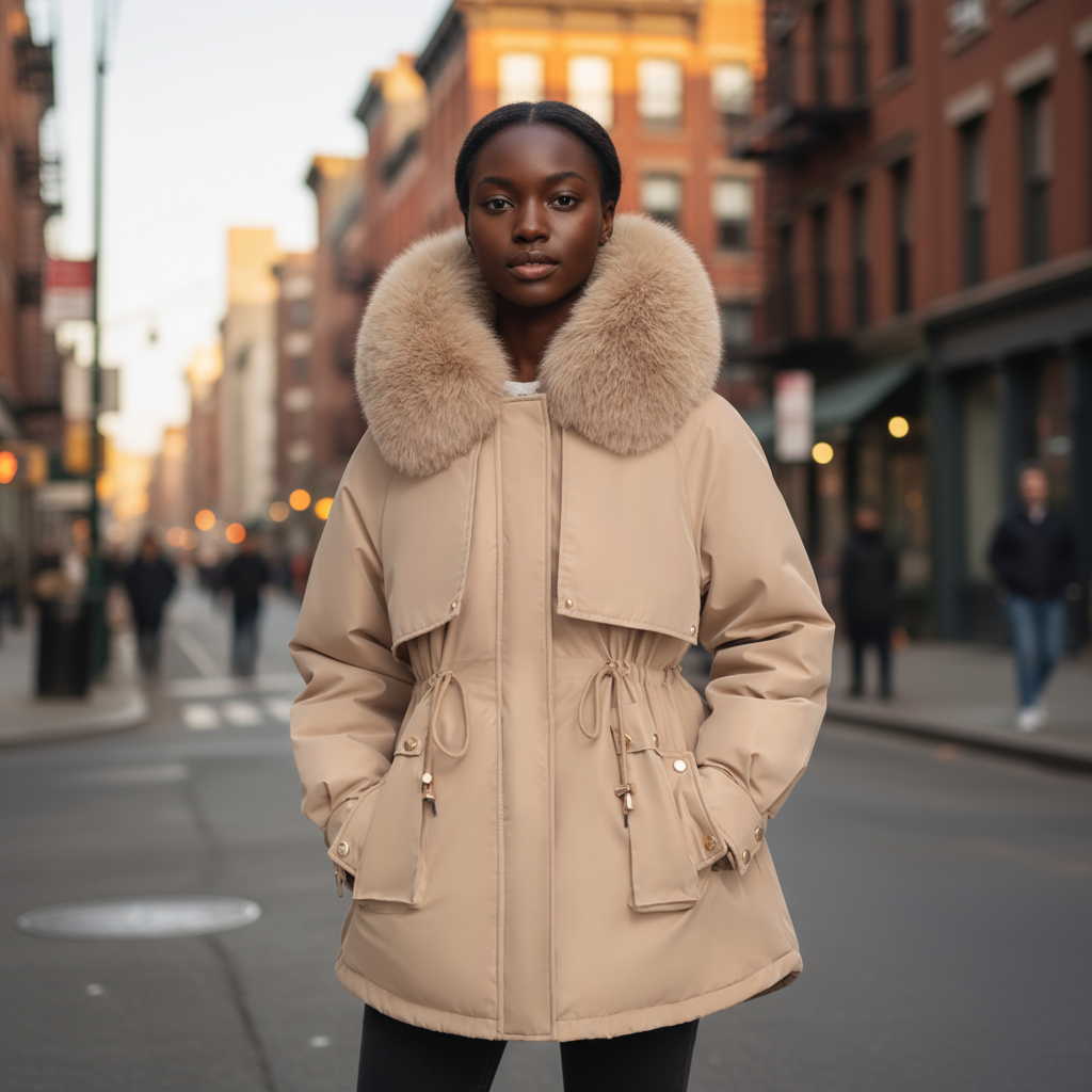 Woman wearing a beige parka with a fur-lined hood on a city street.