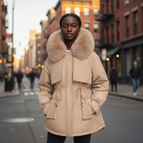 Woman wearing a beige parka with a fur-lined hood on a city street.