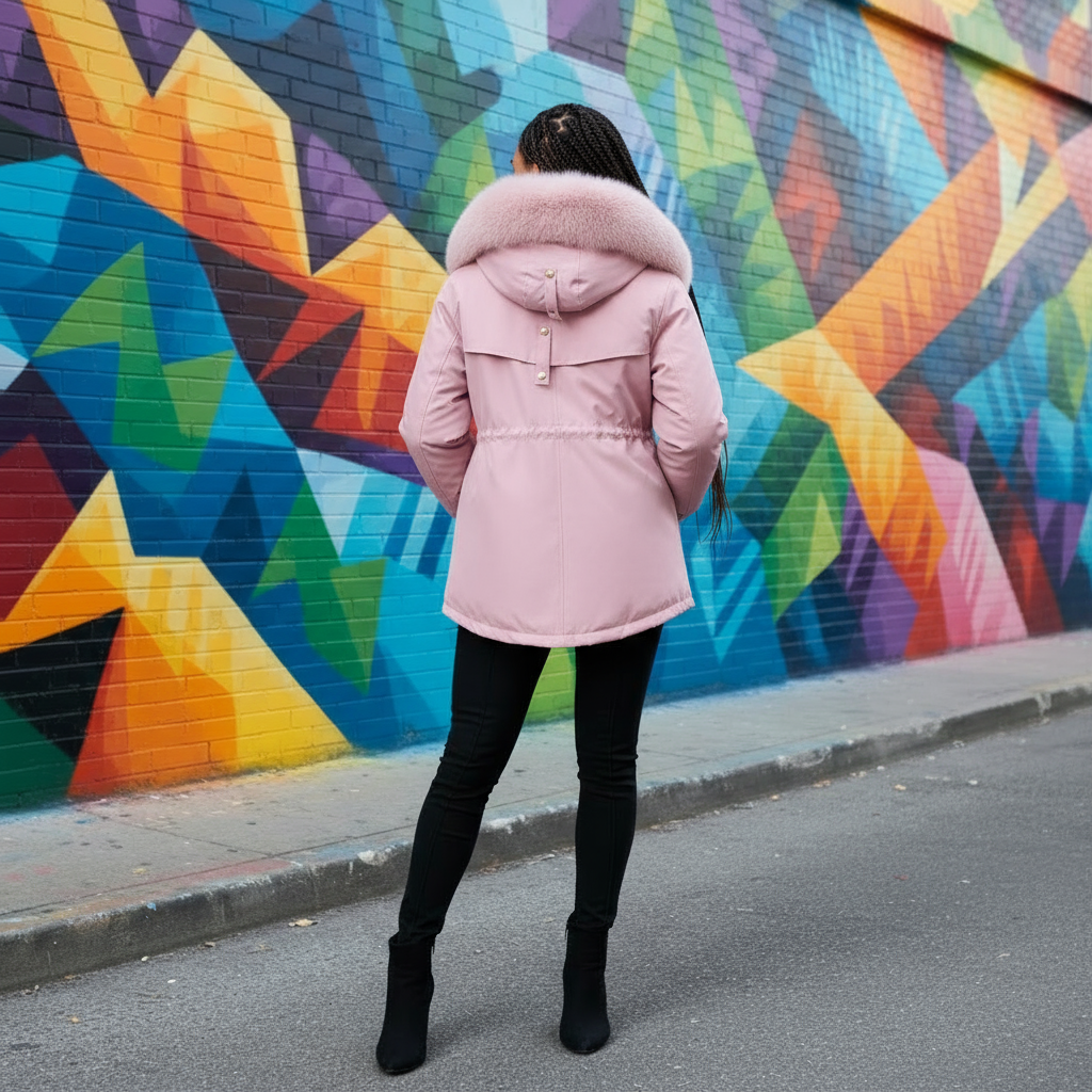 Person wearing a pink coat standing in front of a colorful mural.