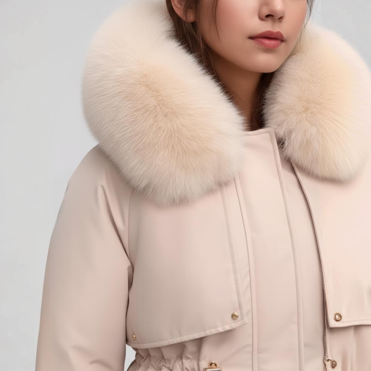 Beige coat with a large fur collar on a plain background