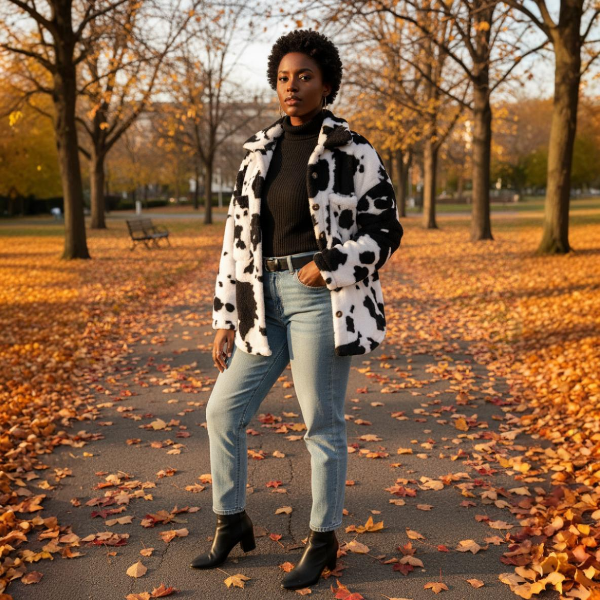 Woman in a cow print coat walking on a path with autumn leaves