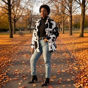 Woman in a cow print coat walking on a path with autumn leaves
