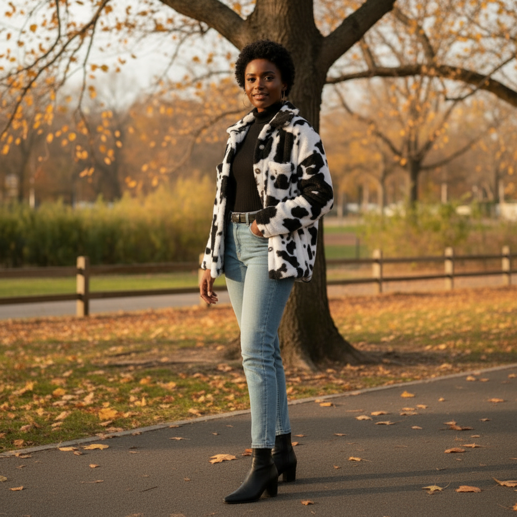 Woman in a cow print jacket standing on a path with trees and fallen leaves in the background
