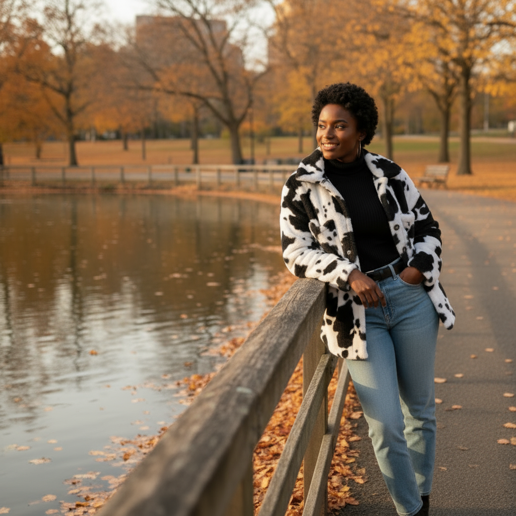 Woman standing by a lake with autumn foliage in the background