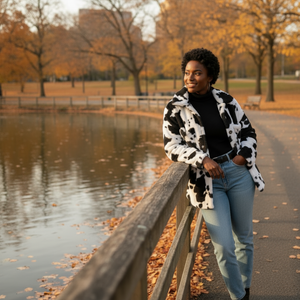 Woman standing by a lake with autumn foliage in the background