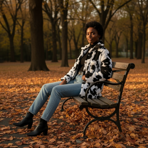 Woman sitting on a bench in a park with autumn leaves and trees in the background