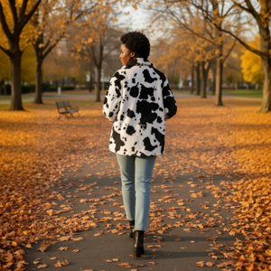Person wearing a cow print coat walking on a path with autumn leaves