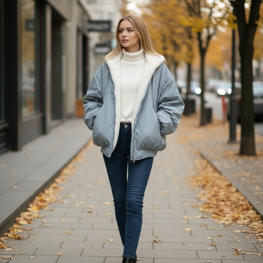 Woman walking on a sidewalk in an urban setting with autumn leaves and buildings in the background.