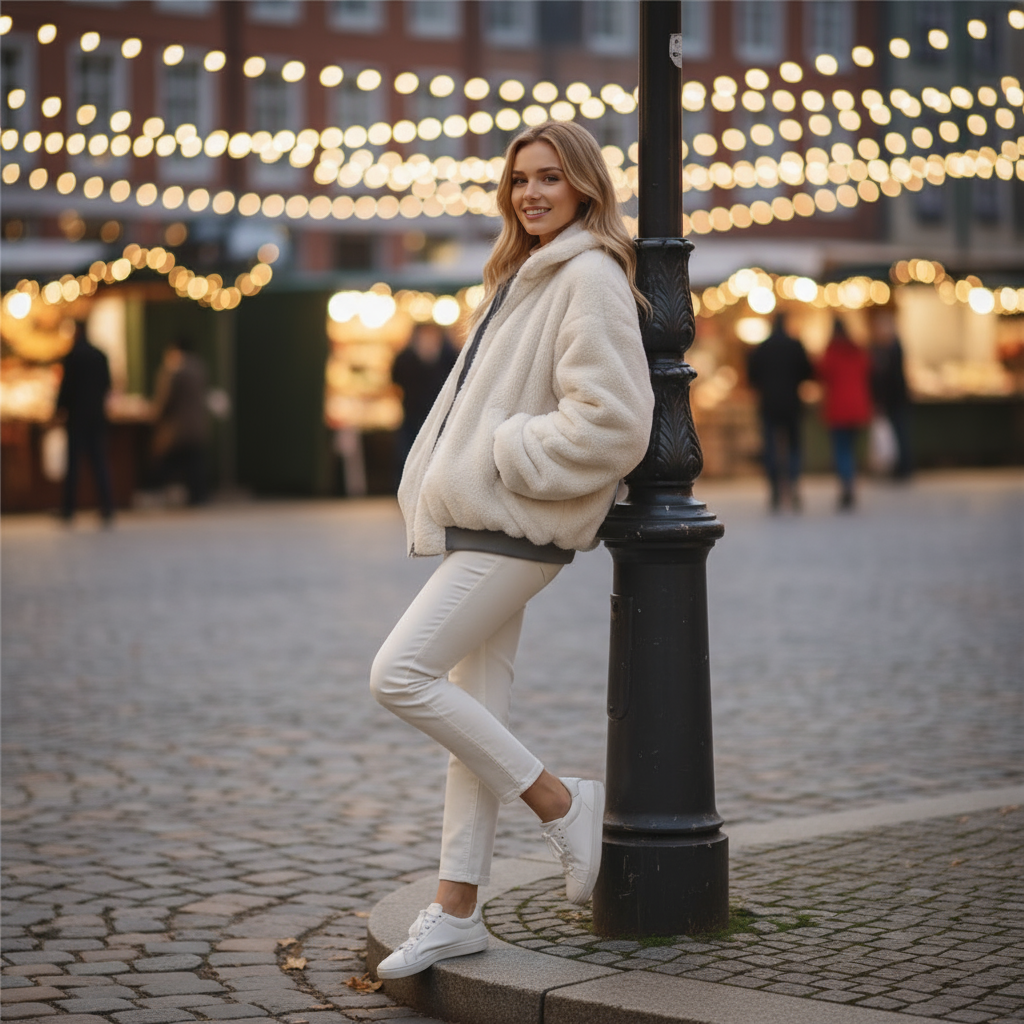 Woman in a white outfit leaning against a black lamp post with blurred lights in the background