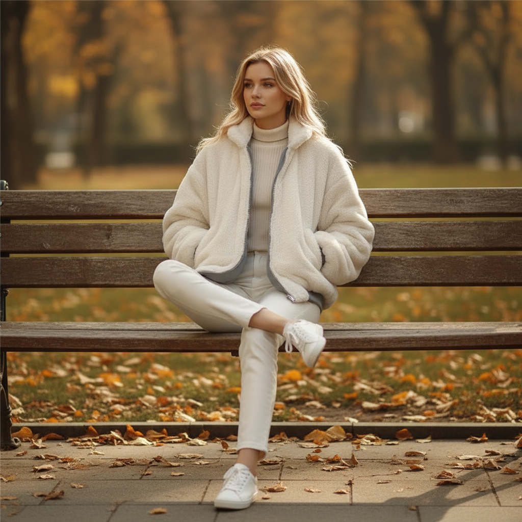 Woman sitting on a bench in a park with autumn leaves