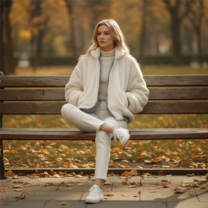 Woman sitting on a bench in a park with autumn leaves