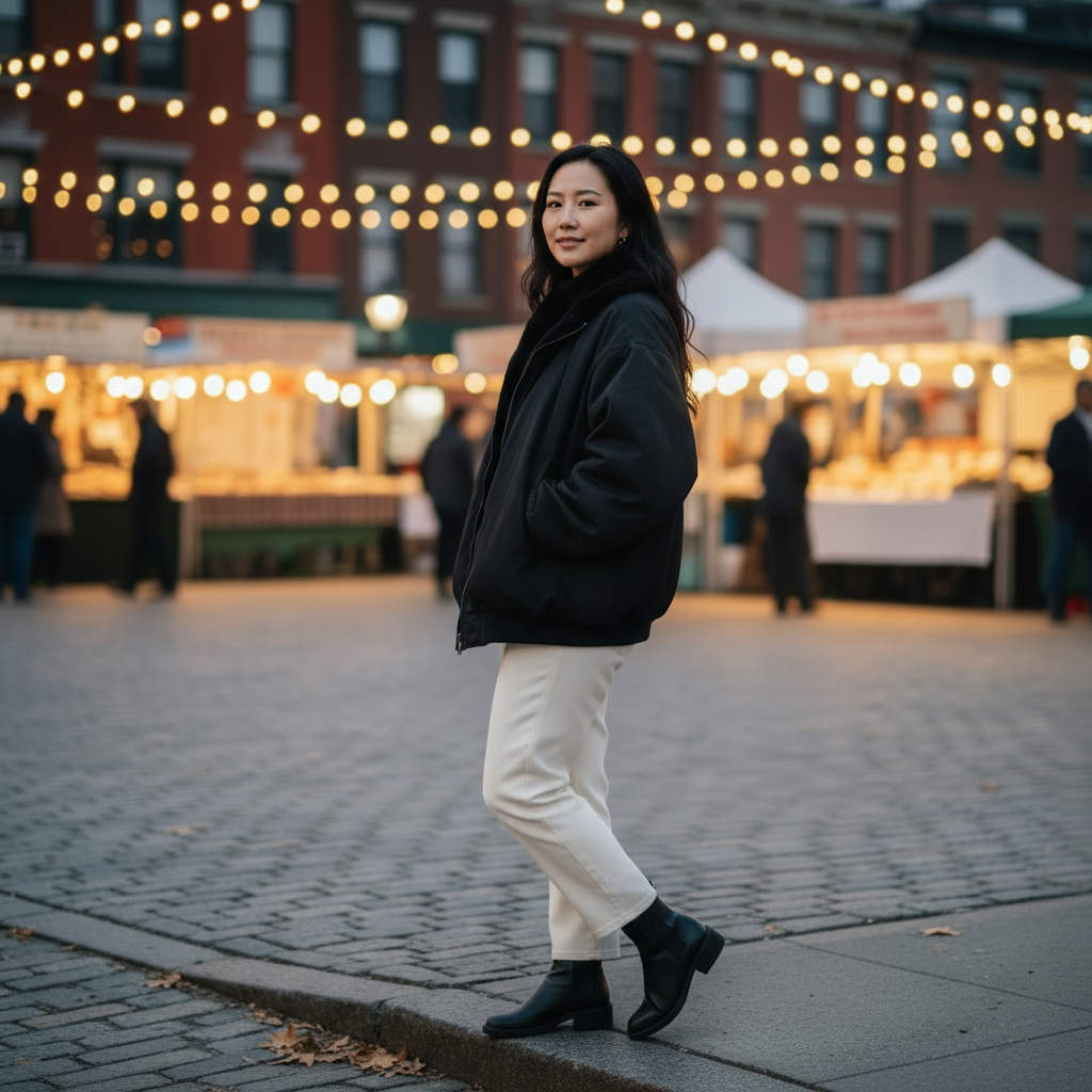Woman in black jacket and white pants standing on a street with market stalls in the background