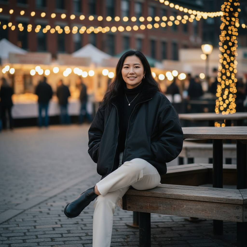 Woman sitting on a bench in an outdoor setting with string lights and people in the background