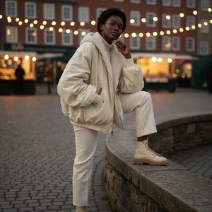 Person wearing a beige outfit sitting on a stone ledge with string lights and buildings in the background
