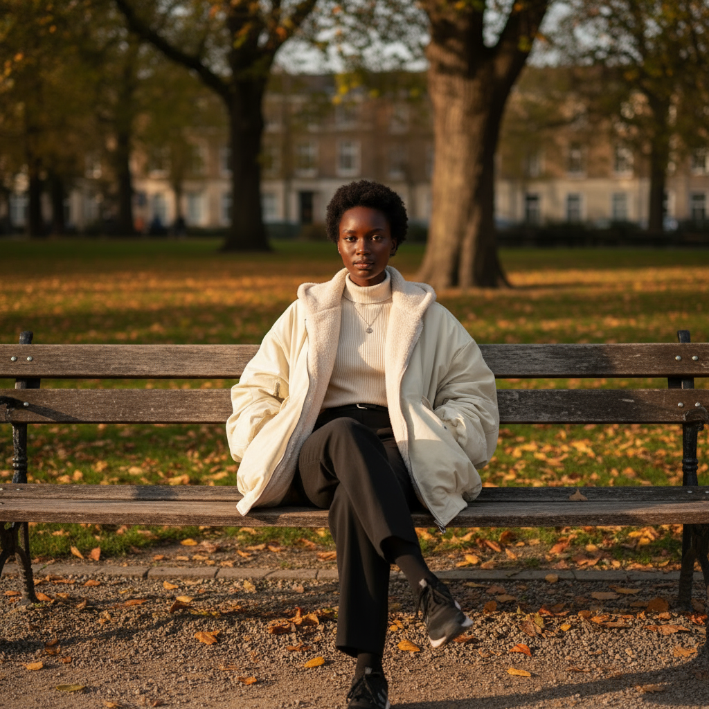 Person sitting on a bench in a park with trees and grass in the background