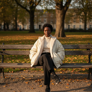 Person sitting on a bench in a park with trees and grass in the background