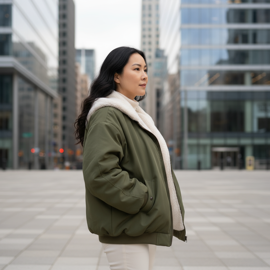 Woman wearing a green jacket with a white fur-lined hood in an urban setting