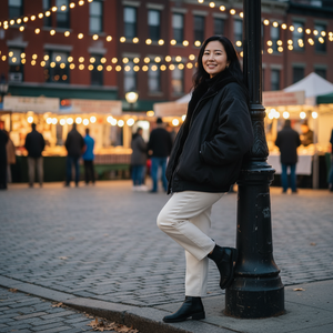 Woman leaning against a lamp post in an outdoor market setting with blurred people and lights in the background.
