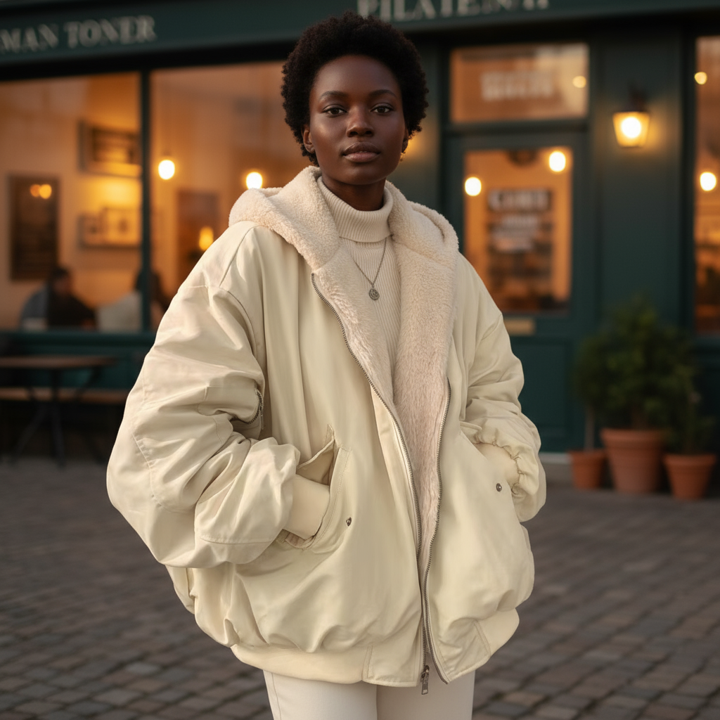 Person wearing a beige jacket and sweater standing in front of a building entrance.