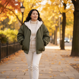 Woman walking on a sidewalk with autumn foliage in the background