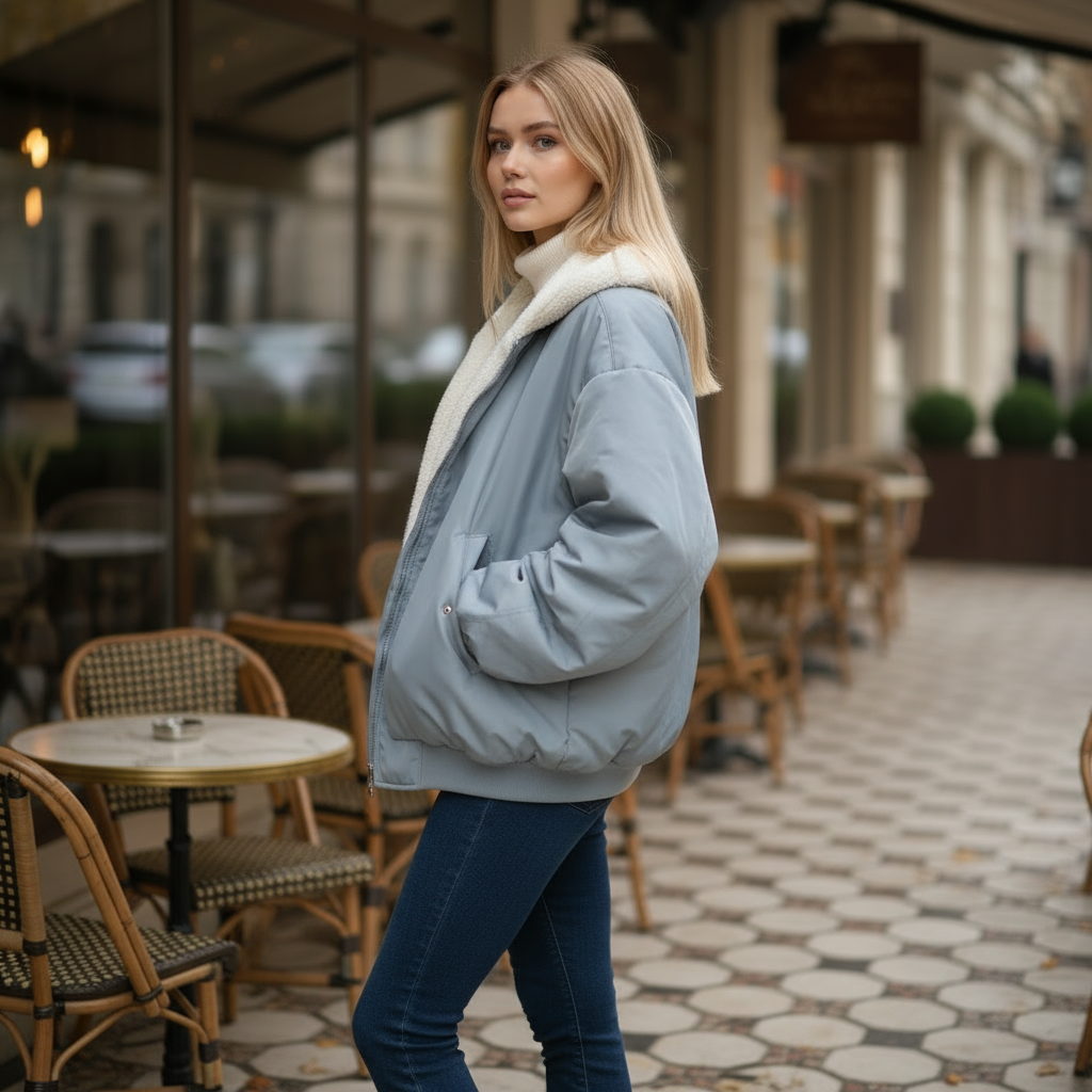 Woman in a light blue jacket standing on a street with outdoor cafe tables.