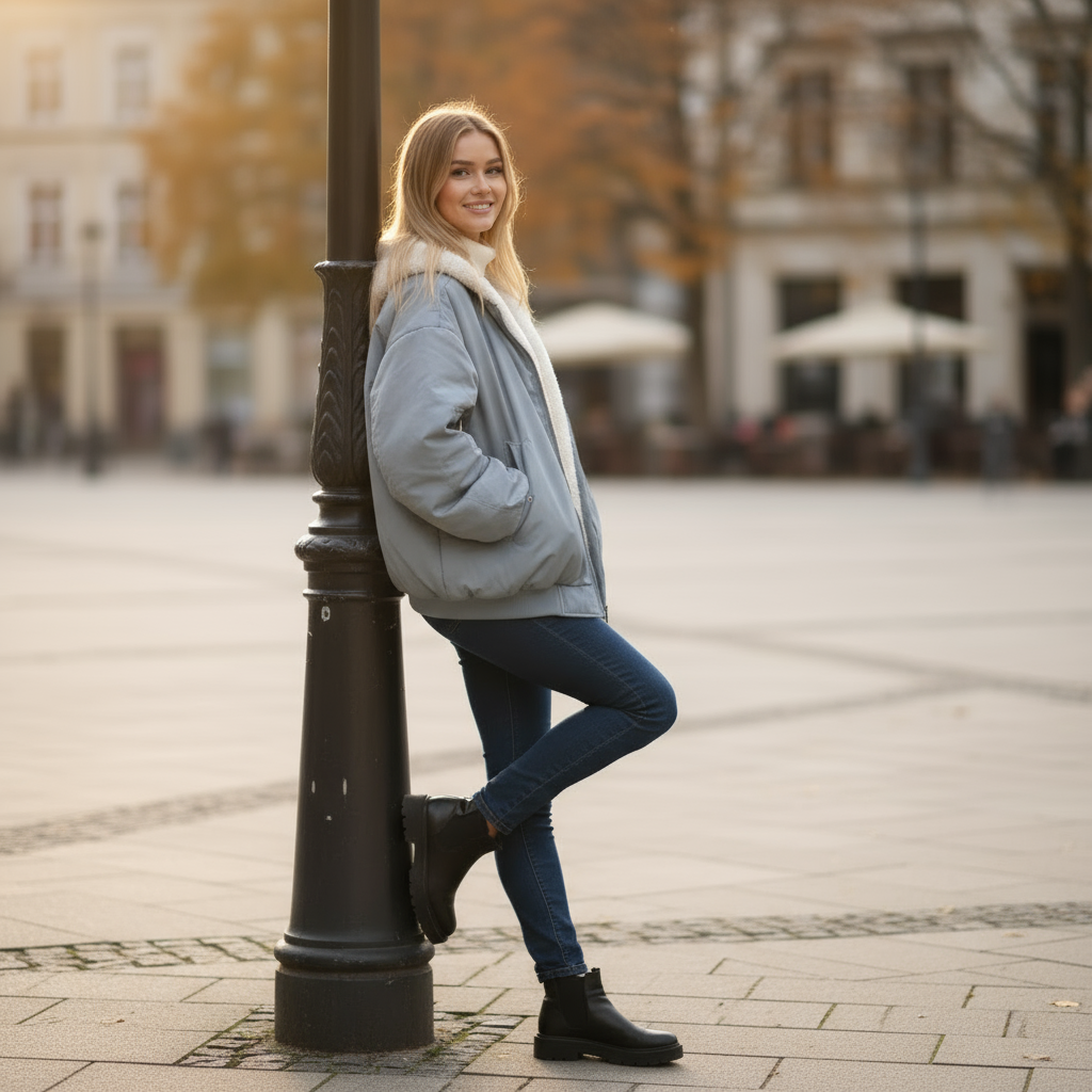Woman leaning against a lamp post in an urban setting with blurred background