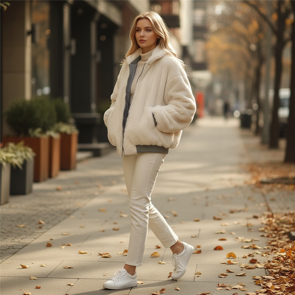 Woman in a cream jacket and white pants walking on a city street with autumn leaves.